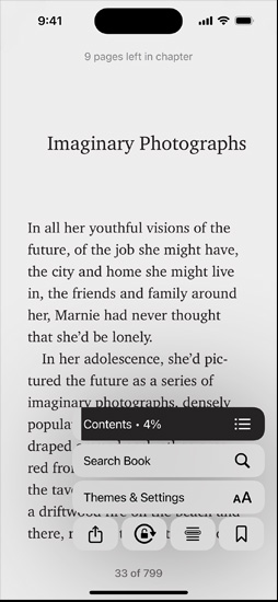 iPhone screen displaying a book page in the Books app. Overlaid on the book page, options for enlarging text, Search Book, and Themes & Settings on the screen are shown