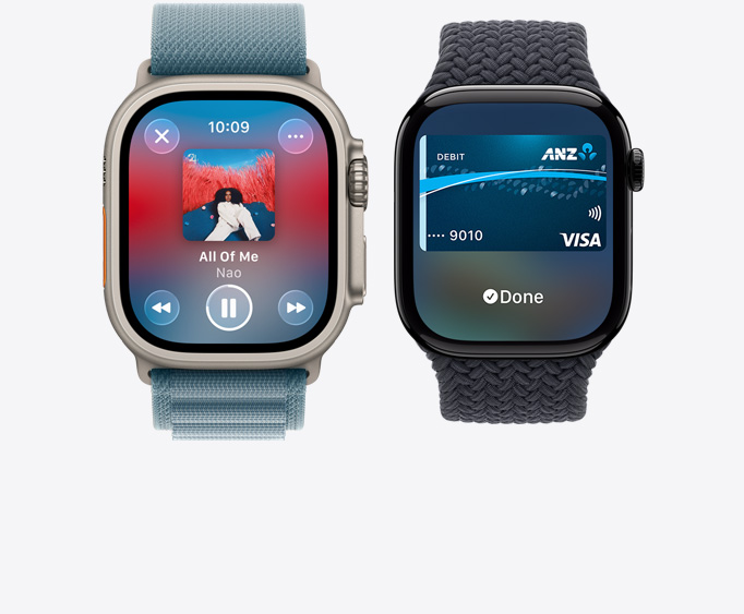 Apple Watch Ultra 3, titanium case, natural colour, Apple Music app, now playing screen, Apple Watch Series 11, aluminium case, polished jet black colour, Apple Pay screen