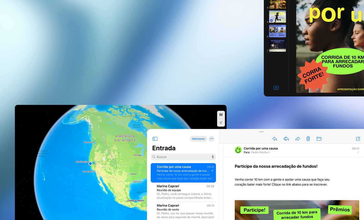 Várias telas na horizontal mostrando diferentes apps em uso.
