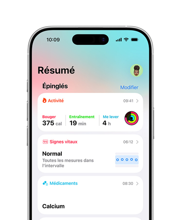 Résumé de santé épinglé sur iPhone