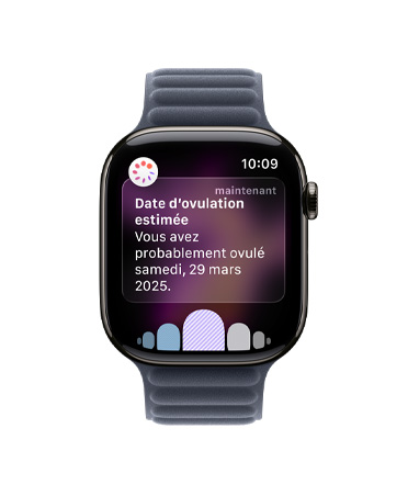 Apple Watch Series 11, couleur ardoise, boîtier en titane, notification de l’estimation de la date d’ovulation par Suivi du cycle dans l’app Santé, Digital Crown, bracelet à maillons magnétique marine