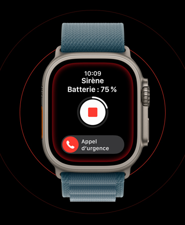 Apple Watch Ultra 3, naturel, boîtier en titane, écran d’une sirène activée, bouton d’arrêt et bouton d’appel d’urgence, bracelet, Alpin bleu nautique