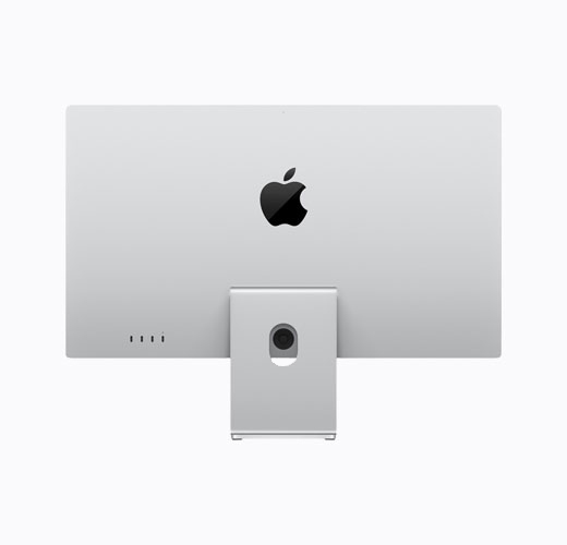 Studio Display d’Apple avec support inclinable, argent, dos, logo Apple noir brillant au centre