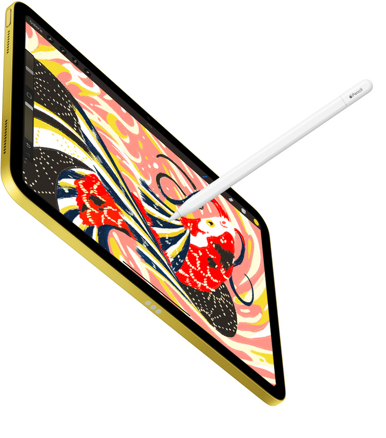 Un iPad affiche l’illustration colorée d’un poisson dans l’app Procreate, un Apple Pencil dessine sur iPad