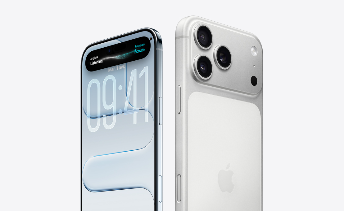 Face avant d’iPhone Air avec écran Liquid Glass et Dynamic Island, bordure mince en titane; face arrière d’iPhone 17 Pro avec système caméra Pro dans le coin supérieur gauche