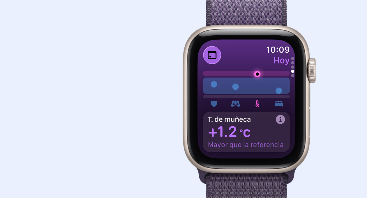 Apple Watch SE 3, caja de aluminio, color blanco estelar, datos de temperatura de la muñeca, parte lateral derecha, Digital Crown, correa loop deportiva, color morado niebla