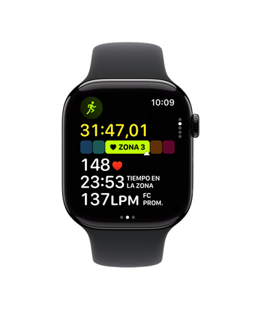 Apple Watch Series 11, caja de aluminio, negro azabache pulido, entrenamiento Carrera al Aire Libre abierto, frecuencia cardiaca en la Zona de Frecuencia Cardiaca 3, parte lateral derecha: Digital Crown, correa deportiva negra