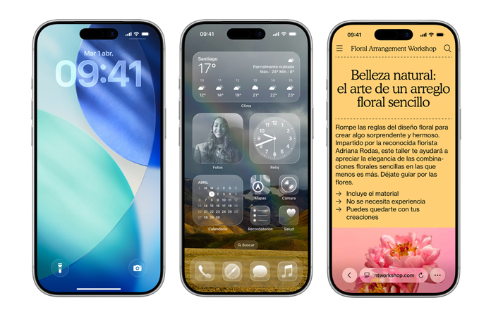 Dispositivos iPhone dispuestos uno al lado del otro que muestran algunos de los nuevos elementos de diseño en iOS, como la pantalla bloqueada con los números de la hora translúcidos en Liquid Glass y una pantalla de inicio con íconos de apps translúcidos diseñados con Liquid Glass
