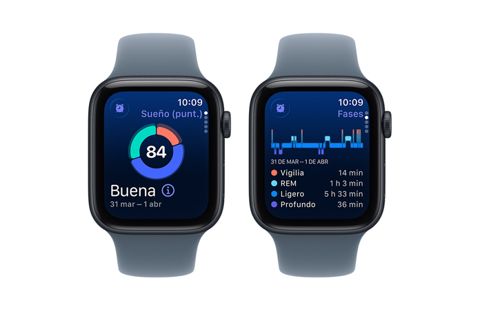 Apple Watch SE 3, Puntuación de Sueño, gráfica circular y puntaje, fases del sueño analiza las fases de vigilia, REM, sueño ligero y sueño profundo