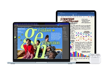 MacBook Pro, AirPody a iPad vedle sebe