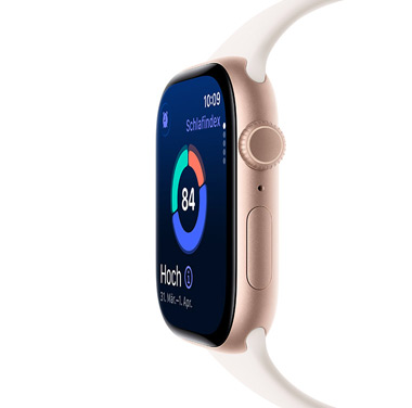 Seitenansicht einer Apple Watch Series 11 in Aluminium Roségold mit Schlafindex und anderen dynamischen Daten auf dem Display.