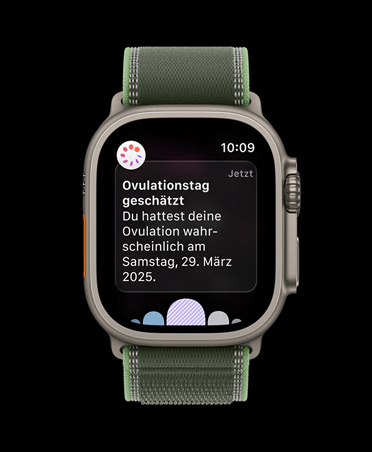 Apple Watch Ultra 3, Titangehäuse Natur, Benachrichtigung vom Zyklusprotokoll in der Health App zum geschätzten Ovulationsdatum, Armband, Trail Loop, Blau/Hellblau