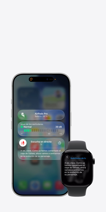 Pantalla de un iPhone 17 Pro que muestra una sesión activa de Escucha en Directo con un pie de foto del audio grabado y pantalla de un Apple Watch Series 11 que muestra Subtítulos en Vivo del mismo audio