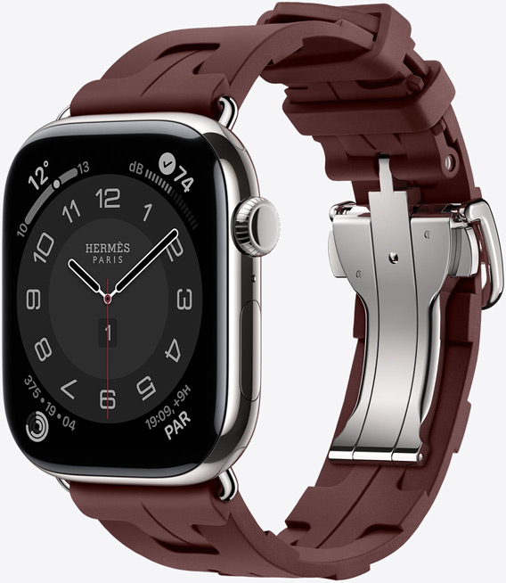 Apple Watch Hermès Series 11, caja de titanio, color plata, correa Kilim, color Bordeaux, hebilla desplegable de metal color plata