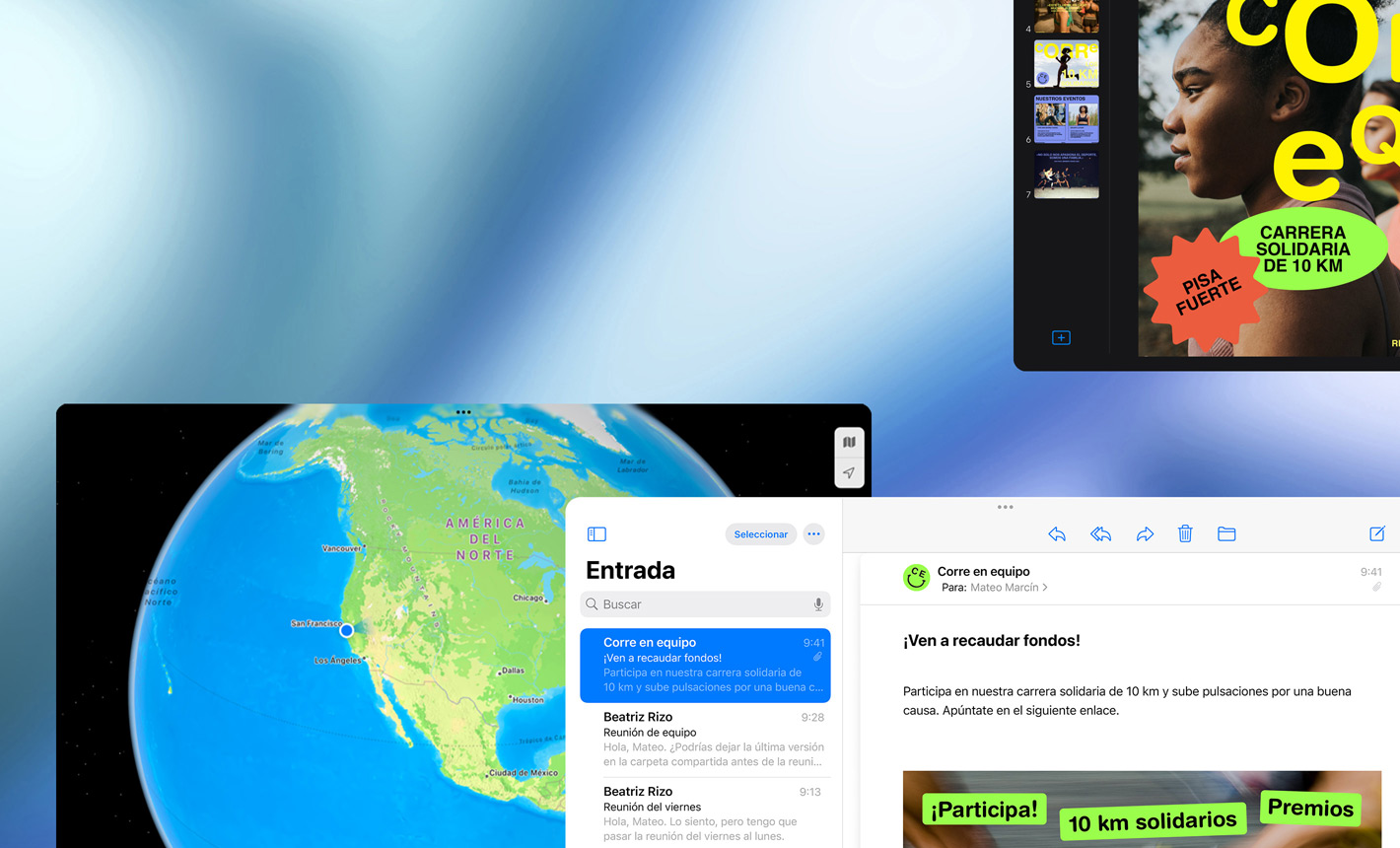 Vista horizontal de varias pantallas que muestran distintas apps en uso