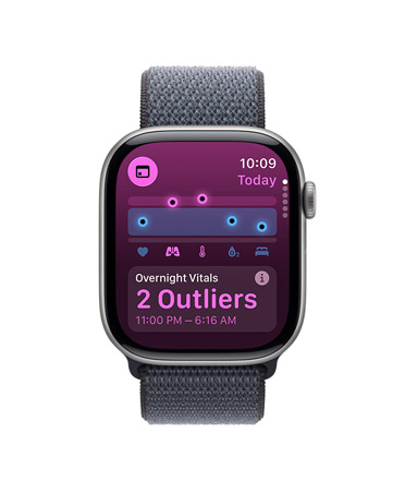 Apple Watch Series 11, couleur gris sidéral, boîtier en aluminium, app Signes vitaux, tableau des scores de santé, notification de valeurs anormales des signes vitaux nocturnes, côté droit, Digital Crown, Boucle Sport, couleur gris foncé