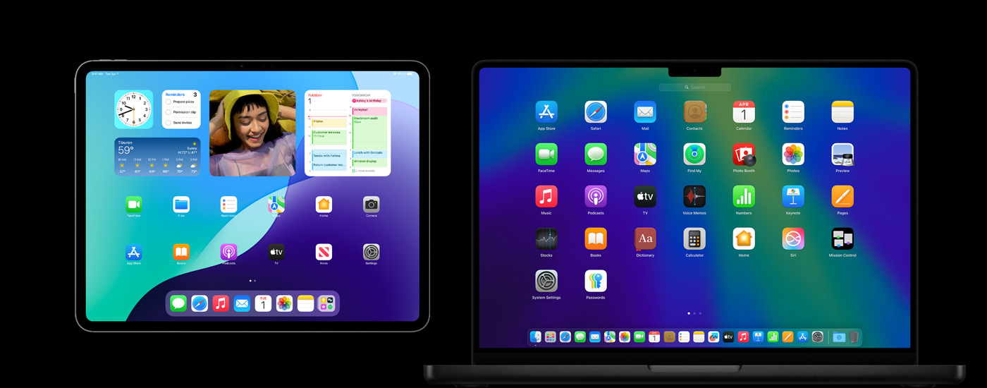 Un iPad e un Mac con varie icone di app. L’iPad mostra diversi widget, tra cui Calendario, Meteo e Foto.