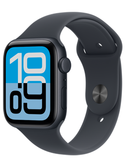 Apple Watch SE 3, aluminum case, midnight color, Flux watch face, right side exterior, Digital Crown, microphone, side button, midnight Sport Band, midnight pin-and-tuck closure