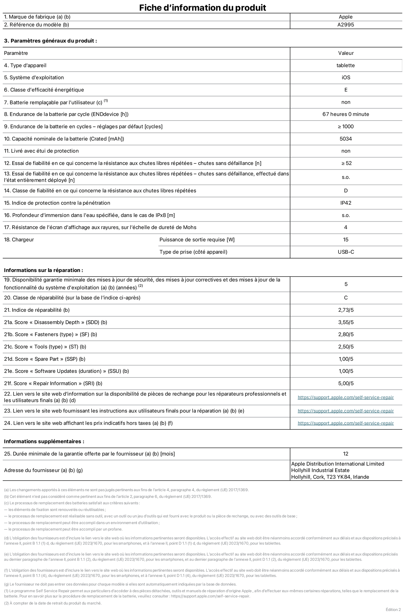 Fiche d’informations produit de l’iPad mini Wi‑Fi + Cellular, modèle A2995. Fournie par Apple Distribution International Ltd, Hollyhill Industrial Estate. Cork, T23 YK84, Irlande Type d’appareil : tablette. Système d’exploitation : iOS. Classe d’efficacité énergétique : E. Batterie remplaçable par l’utilisateur : non. Endurance de la batterie : 67 heures. Endurance de la batterie en cycles : supérieure ou égale à 1 000. Capacité nominale de la batterie : 5 034 mAh. Essai de fiabilité en ce qui concerne la résistance aux chutes libres répétées – chutes sans défaillance : supérieur ou égal à 52. Classe de fiabilité en ce qui concerne la résistance aux chutes libres répétées : D. Indice de protection contre la pénétration : IP42. Résistance de l’écran d’affichage aux rayures sur l’échelle de dureté de Mohs : 4. Puissance de sortie requise du chargeur : 15 W. Type de prise : USB‑C. Disponibilité garantie minimale des mises à jour de sécurité, des mises à jour correctives et des mises à jour de la fonctionnalité du système d’exploitation : 5 ans. Classe de réparabilité : C. Indice de réparabilité : 2,73/5. Score pour la profondeur de désassemblage : 3,55/5. Score pour les éléments de fixation : 2,80/5. Score pour les outils : 2,50/5. Score pour les pièces de rechange : 1,00/5. Score pour les mises à jour logicielles : 1,00/5. Score pour les informations de réparation : 5,00/5. Lien vers le site web d’information sur la disponibilité des pièces de rechange pour les réparateurs professionnels et les utilisateurs finaux : https://support.apple.com/self-service-repair. Lien vers le site web fournissant les instructions aux utilisateurs finaux pour la réparation : https://support.apple.com/self-service-repair. Lien vers le site web affichant les prix indicatifs hors taxes : https://support.apple.com/self-service-repair. Garantie générale de 12 mois offerte.