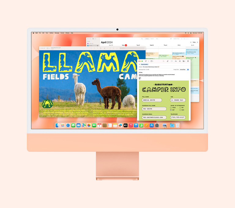 iMac orange : l’écran affiche les apps Aperçu, Mail et Calendrier en cours d’utilisation. 