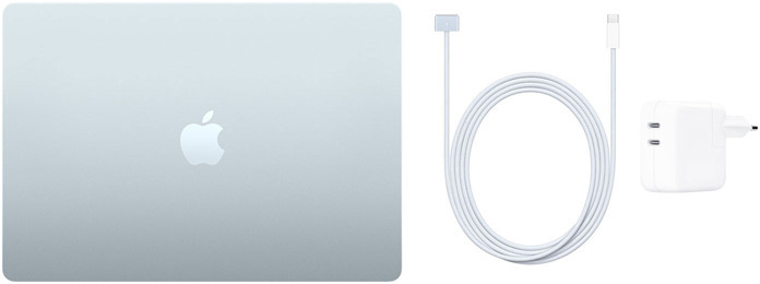 MacBook Air 15 tum, usb-c till MagSafe 3-kabel och 35 W usb-c-strömadapter med två portar