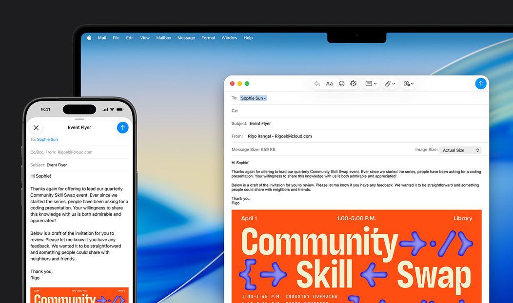 iPhone 16 Plus e MacBook Pro con l’app Mail aperta e la stessa bozza di email mostrata su entrambi gli schermi