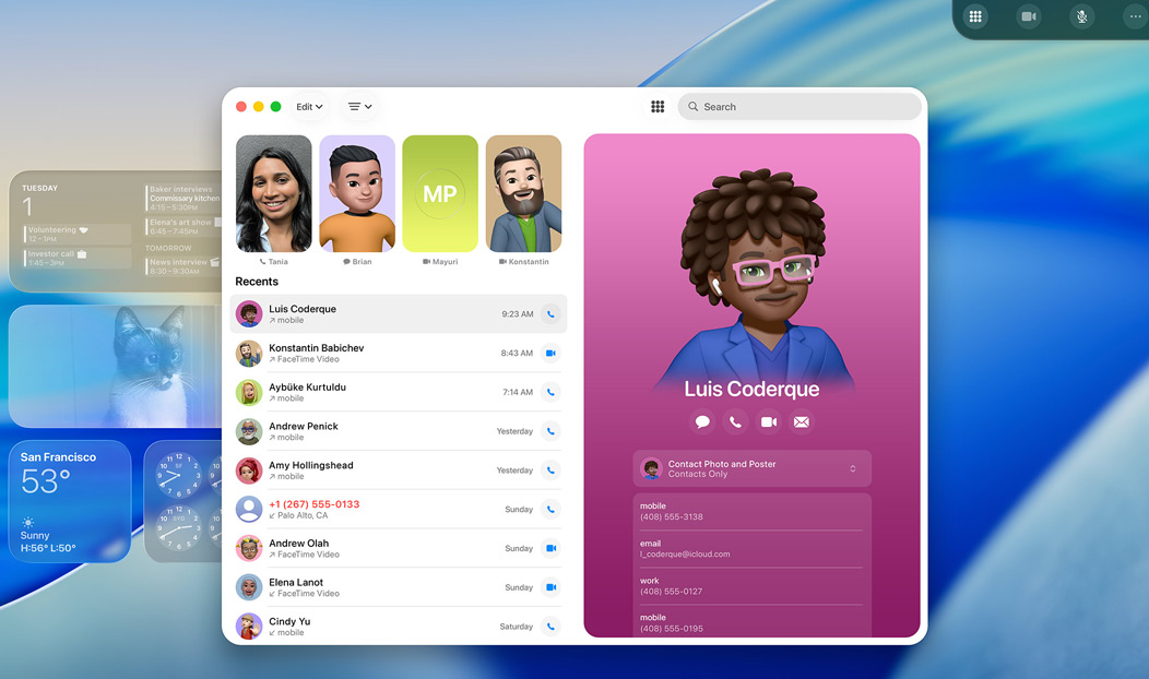 MacBook Pro con l’app Telefono aperta e il contatto di una chiamata recente