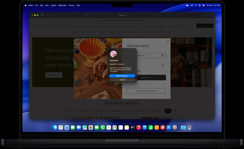 Finestra a comparsa che invita a usare il Touch ID per accedere a un sito web in Safari