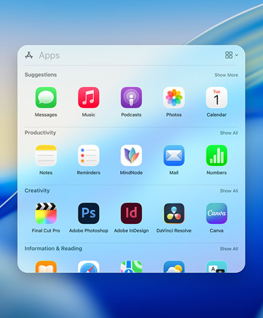 Le menu de navigation Spotlight montre des apps avec des filtres de catégorie : Utilitaires, Réseaux sociaux, Productivité et finances, Divertissement, et Informations et Lecture