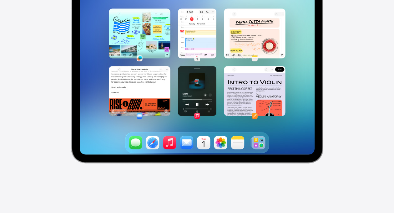 Ein iPad im Querformat zeigt sechs geöffnete Fenster in zwei Reihen an, darunter die Apps Kalender, Notizen, Apple Music und Safari