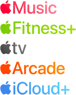 Un elenco di servizi Apple: Apple Music, Apple Fitness Plus, Apple TV, Apple Arcade e Apple iCloud Plus