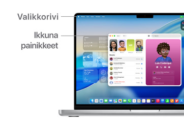 Esittelykierros macOS:ssä navigoinnista, mukana mm. MacBook-laitteen näytön yläreunassa oleva valikkorivi ja Dock.