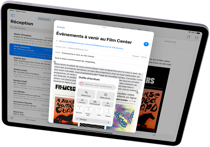 iPad Air en mode paysage présentant Apple Intelligence avec les Outils d’écriture et Mail