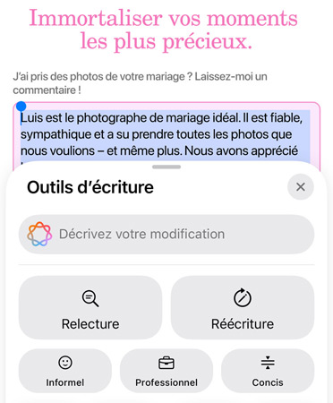 Fonctionnalité Outils d’écriture en cours d’utilisation avec les options Relecture, Réécriture, Informel, Professionnel et Concis