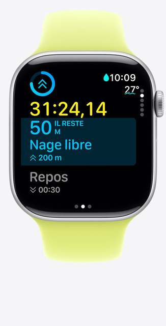 Apple Watch Series 11, boîtier en aluminium, argent, écran Exercice personnalisé avec suivi de Nage en piscine, données sur l’écran, Bracelet Sport, jaune fluo