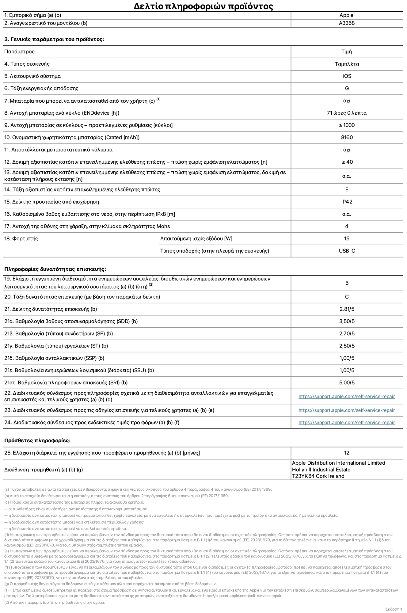 Φύλλο πληροφοριών προϊόντος για το iPad Pro M5 Wi-Fi + Cellular 11 ιντσών, μοντέλο A3358. Παρέχεται από την Apple Distribution International Limited, Hollyhill Industrial Estate. Cork, Ιρλανδία, T23 YK84. Τύπος συσκευής: τάμπλετ. Λειτουργικό σύστημα: iOS. Τάξη ενεργειακής απόδοσης: G. Δυνατότητα αντικατάστασης μπαταρίας από τον χρήστη: όχι. Αντοχή μπαταρίας ανά κύκλο: 71 ώρες. Αντοχή μπαταρίας σε κύκλους - προεπιλεγμένες ρυθμίσεις: μεγαλύτερη ή ίση του 1.000. Ονομαστική χωρητικότητα μπαταρίας: 8.160 mAh. Αποστέλλεται με προστατευτικό κάλυμμα: όχι. Δοκιμή αξιοπιστίας κατόπιν επανειλημμένης ελεύθερης πτώσης, πτώσεις χωρίς βλάβη: περισσότερες ή ίσες με 40. Δοκιμή αξιοπιστίας κατόπιν επανειλημμένης ελεύθερης πτώσης, πτώσεις χωρίς βλάβη σε κατάσταση πλήρους έκτασης: μη διαθέσιμο. Τάξη αξιοπιστίας κατόπιν επανειλημμένης ελεύθερης πτώσης: E. Αξιολόγηση προστασίας από εισχώρηση: IP42. Καθορισμένο βάθος εμβύθισης σε νερό, σε περίπτωση iPx8: μη διαθέσιμο. Ανθεκτικότητα οθόνης στις γρατζουνιές στην κλίμακα σκληρότητας Mohs: 4. Απαιτούμενη ισχύς εξόδου φορτιστή: 15 W. Τύπος υποδοχής ηλεκτρικού ρεύματος φορτιστή (στο άκρο της συσκευής): USB-C. Ελάχιστη εγγυημένη διαθεσιμότητα ενημερώσεων ασφαλείας, διορθωτικών ενημερώσεων και ενημερώσεων λειτουργικότητας λειτουργικού συστήματος: 5 έτη. Τάξη επιδιορθωσιμότητας: C. Δείκτης επιδιορθωσιμότητας: 2,81/5. Βαθμολογία βάθους αποσυναρμολόγησης (SDD): 3,50/5. Βαθμολογία συνδετήρων: 2,70/5. Βαθμολογία εργαλείων: 2,50/5. Βαθμολογία ανταλλακτικών: 1,00/5. Βαθμολογία ενημερώσεων λογισμικού: 1,00/5. Βαθμολογία πληροφοριών επιδιόρθωσης: 5,00/5. Διαδικτυακός σύνδεσμος με πληροφορίες για τη διαθεσιμότητα ανταλλακτικών για επαγγελματίες τεχνικούς και τελικούς χρήστες: https://support.apple.com/self-service-repair. Διαδικτυακός σύνδεσμος με πληροφορίες επιδιόρθωσης για τελικούς χρήστες: https://support.apple.com/self-service-repair. Διαδικτυακός σύνδεσμος με ενδεικτικές τιμές προ φόρου: https://support.apple.com/self-service-repair. Προσφέρεται 12μηνη γενική εγγύηση.