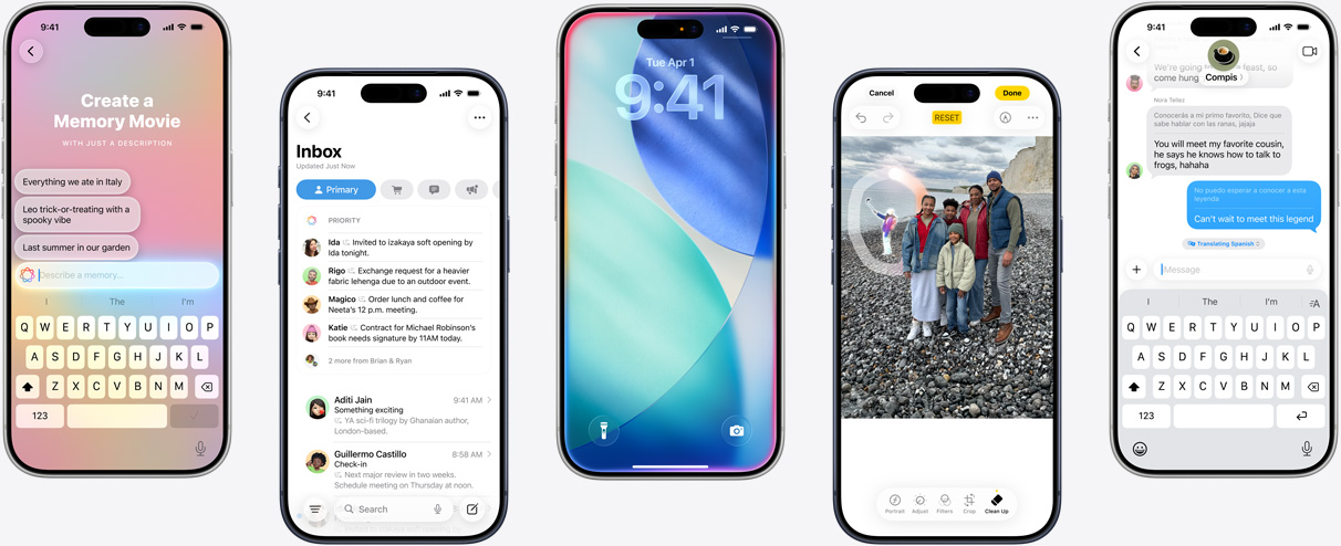 Five iPhone devices showing Apple Intelligence features: creating a Memory Movie, Priority messages in Mail, the iOS Lock Screen with inner glow, removing objects with the Clean Up tool in Photos, and real-time translation in Messages.