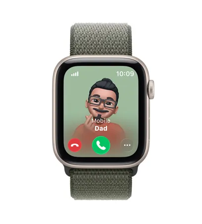 Apple Watch SE 3, aluminum case, starlight color, incoming call from Dad, Memoji contact photo, accept and decline call buttons, Sport Loop, forest green color