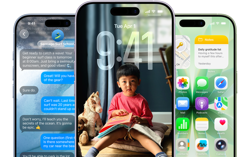 iPhone 17 készülékek elölnézetből, színek: párakék, levendula, zsályazöld, az iOS funkciói: háttér az Üzenetekben, Liquid Glass a zárolási képernyőn, illetve különféle alkalmazások a főképernyőn