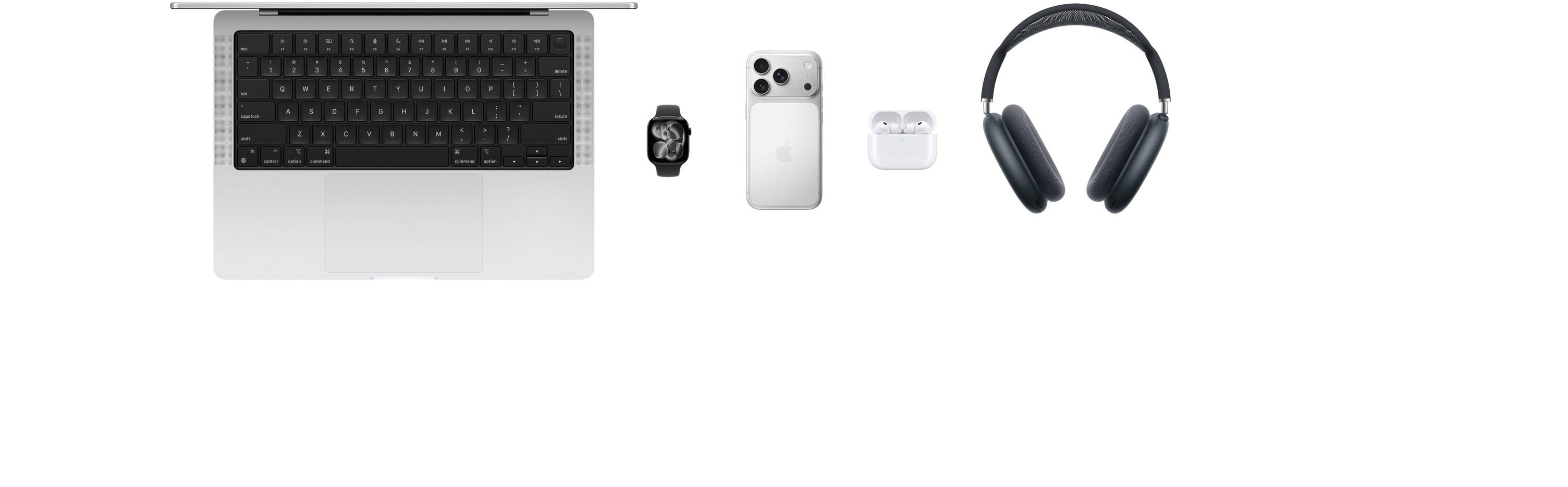 Various Apple products, including a MacBook, an Apple Watch Series 11, an iPhone 17 Pro, AirPods Pro 3, AirPods Max,  an Apple Pencil Pro, and an iPad Pro