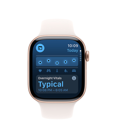 Apple Watch Series 11, aluminum case, rose gold color, Vitals app, chart scoring health, overnight vitals typical notification, right side exterior: Digital Crown, light blush Sport Band