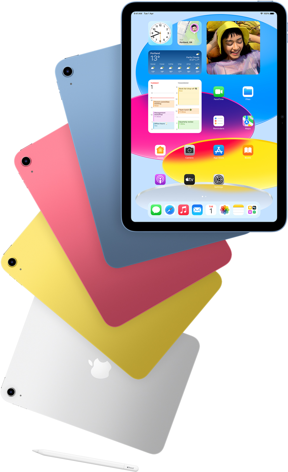 Front view iPad shows the home screen with blue, pink, yellow and silver rear-facing iPads. An Apple Pencil sits near the arranged iPad models.