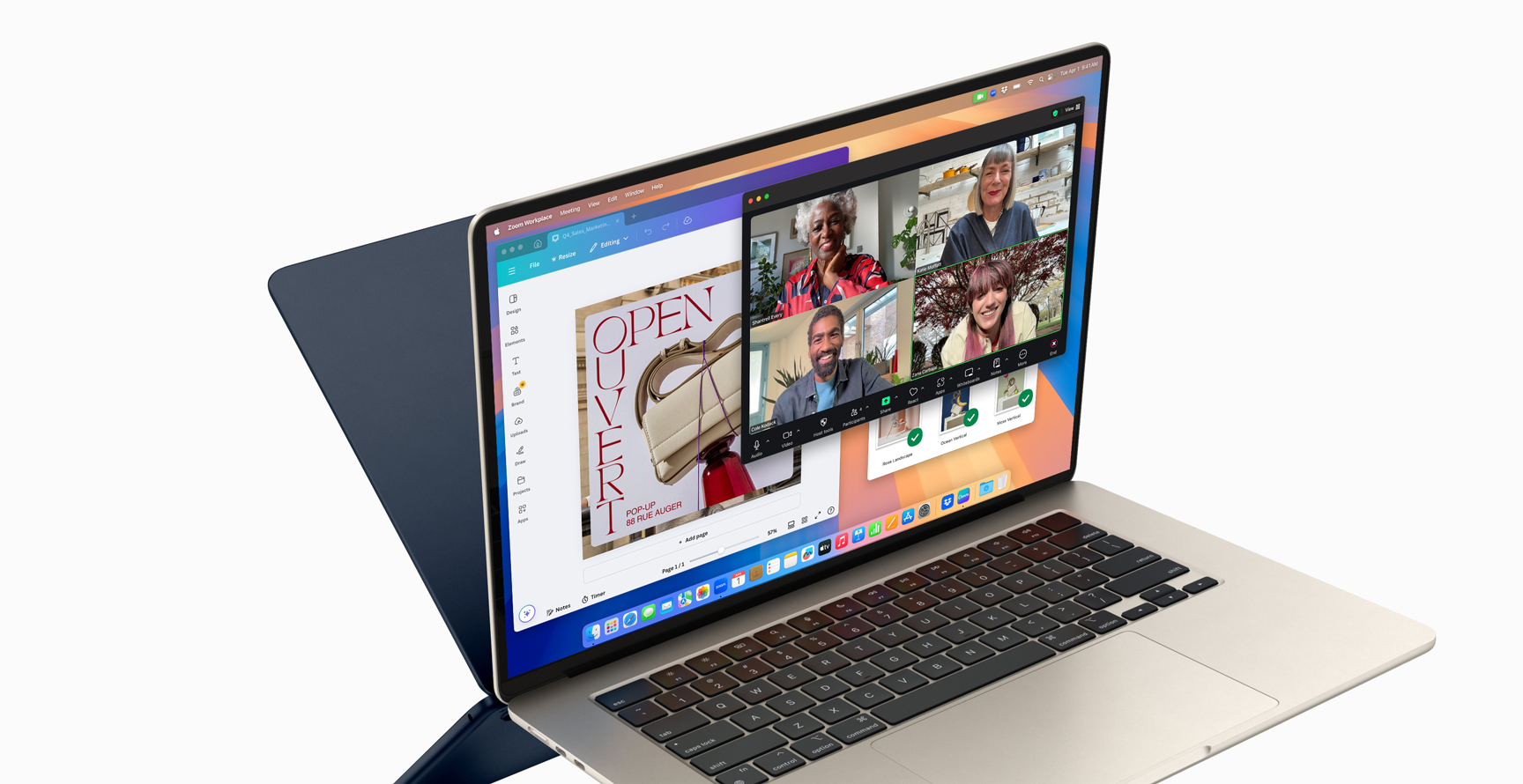 MacBook Air showing video editing in Final Cut Pro to demonstrate M4 chip capabilities — the back of a second MacBook Air appears behind the first, looking like a mirror image