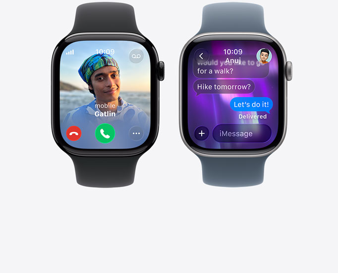 Apple Watch Series 11 devices, incoming call, contact photo, accept and decline call buttons, iMessage conversation