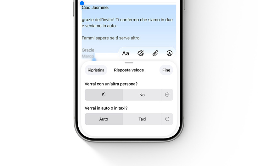 Un iPhone con le opzioni Risposta veloce in Mail.