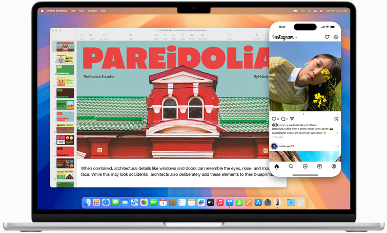 iPhone 미러링 앱을 사용 중인 모습. iPhone 화면이 MacBook Air 화면에 떠 있습니다.