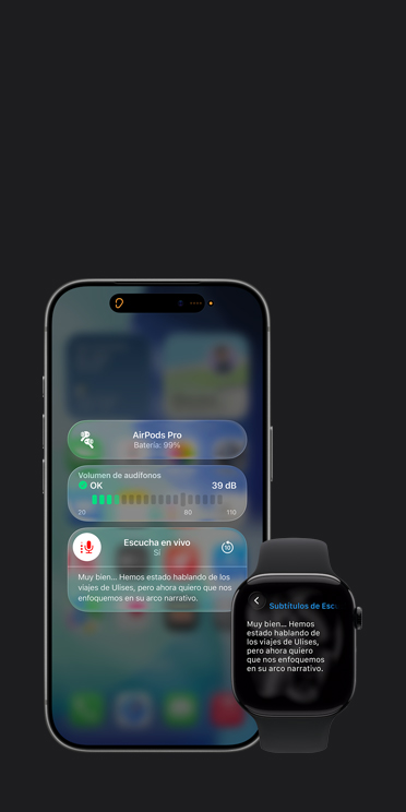 Pantalla del iPhone 17 Pro que muestra una sesión activa de Escucha en Vivo, con subtítulos de una captura de audio y la pantalla de un Apple Watch Series 11 que muestra Subtítulos en Vivo de la misma captura de audio
