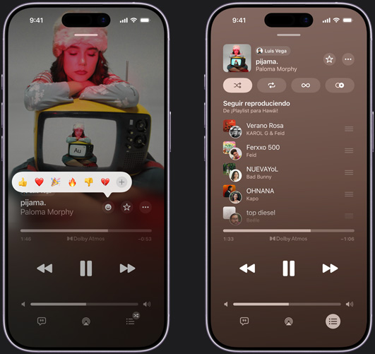 El iPhone a la izquierda muestra 'pijama.' de Paloma Morphy reproduciéndose en la pantalla del iPhone con opciones para reaccionar con emojis que incluyen pulgar hacia arriba, corazón, celebración, pulgar hacia abajo y un botón para elegir otras reacciones. El iPhone a la derecha muestra una playlist colaborativa llamada ¡Playlist para Hawái! con varias canciones agregadas por diferentes personas