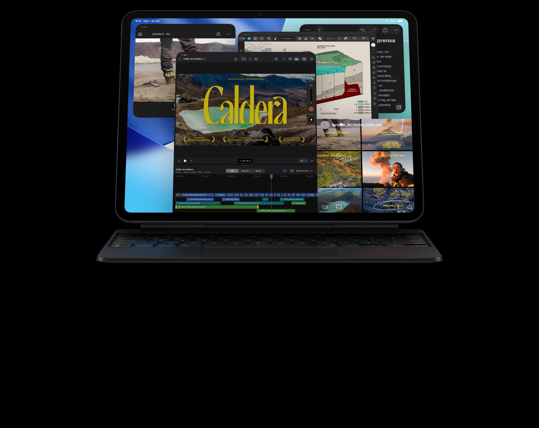 Un iPad Pro, parte frontal, posición horizontal, color negro espacial, conectado a un Magic Keyboard, negro espacial, pantalla con varias ventanas de apps abiertas: Final Cut Pro con múltiples funcionalidades de edición de video y una línea de tiempo, Mapas, Notas y clips de contenido multimedia