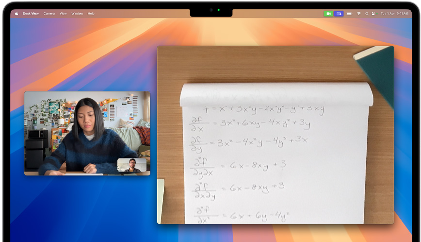 A video call using Desk View feature, which adds a view of user’s workspace to the video call